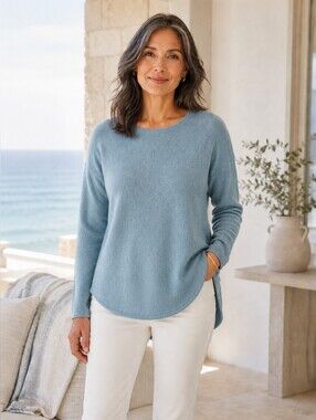 Max Studio 100% 2-Ply Cashmere Tunic Sweater Blue High Low Hem L